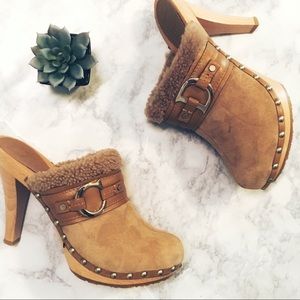 Dior Logo Shearling Trimmed High Heel Clogs